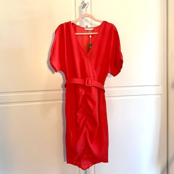NWT Trina Turk, Zest Shirt Sleeve Belted Faux Wrap Dress in coral color Size 10 - Picture 4 of 9